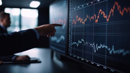Professional Financial Planners Discussing Strategy in Modern Boardroom with Digital Financial Graphs on Screens