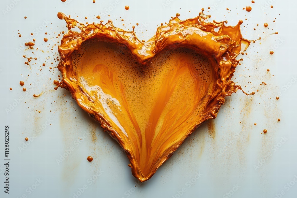 Poster coffee spills in heart shape creating an artistic pattern on a light surface