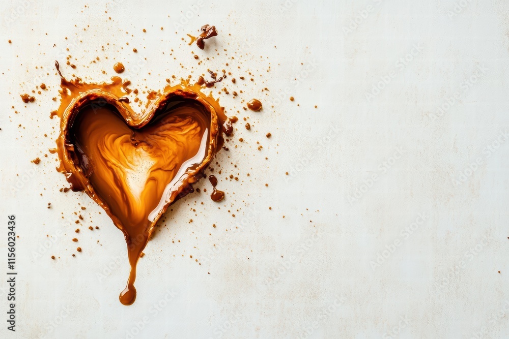 Poster coffee spills into a heart shape, creating a warm and inviting pattern on a light background