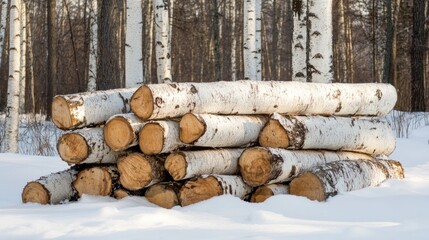 Stacked Birch Logs Covered in Snow in a Winter Forest Setting