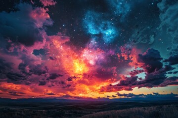 Fototapeta premium Vibrant display of northern lights against a sunset sky over a grassy landscape