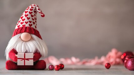 Cute Valentine Gnome Holding a Heart Gift with a Patterned Hat, Surrounded by Shiny Decorations, Perfect for Celebrating Love and Affection This February