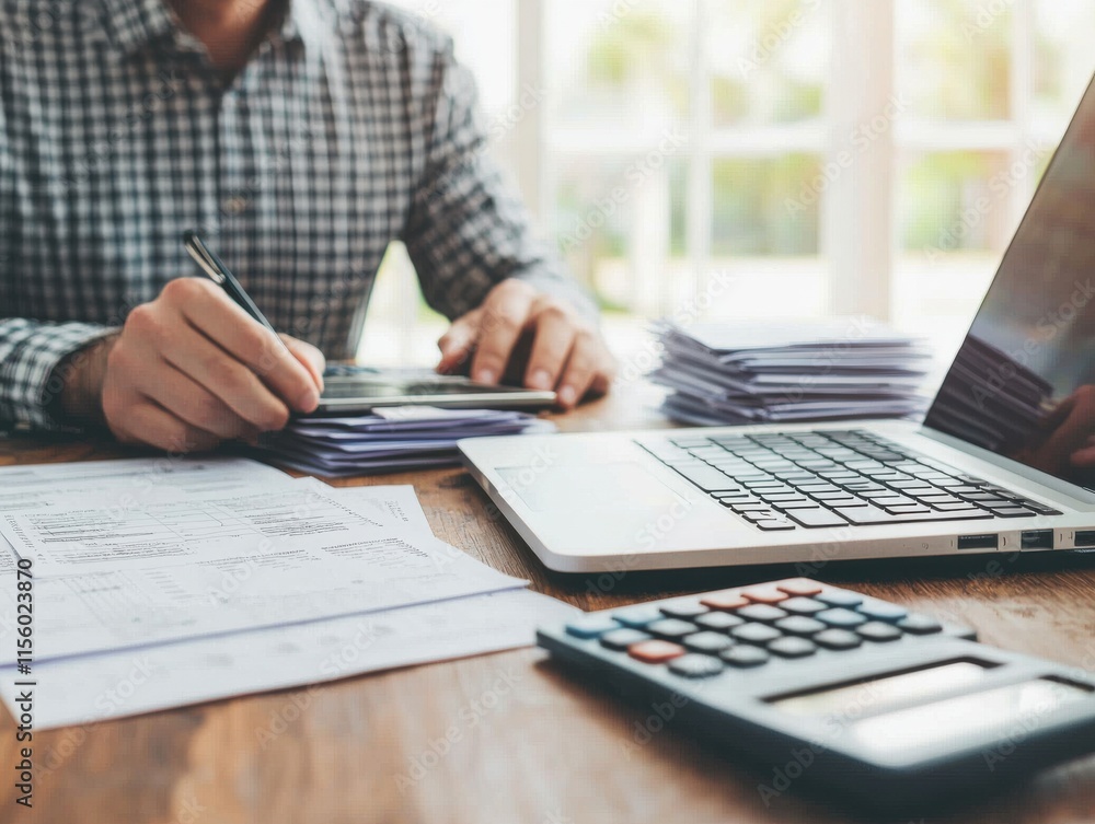 Poster professional financial consultant analyzing client strategies with laptop and documents while prepar