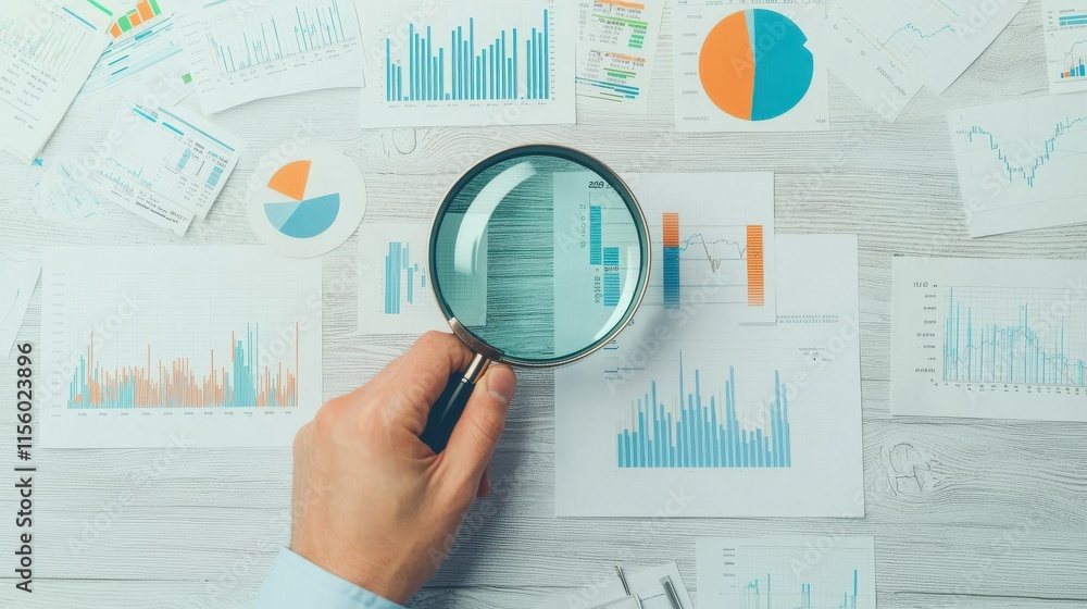 Poster detailed analysis of financial data with a magnifying glass, emphasizing insights from charts and gr