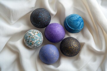 Five colorful bath bombs arranged on white fabric, showcasing unique designs and textures.