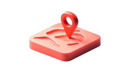 3D red location icon on a white background, in a minimalistic style with a simple design, cut out