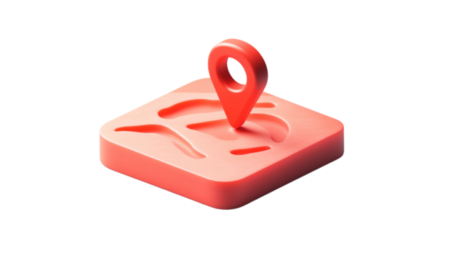 3D red location icon on a white background, in a minimalistic style with a simple design, cut out