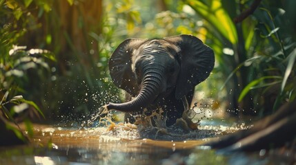 Playful Elephant Calf Splashing in Lush Jungle Stream
