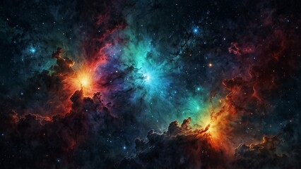 Spectacular cosmic nebula displaying intense oranges and reds contrasting with cool blues and greens, ideal for science events and space exploration celebrations