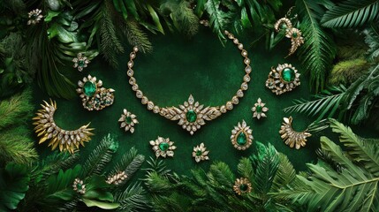 Elegant Jewelry Arrangement Surrounded by Lush Greenery and Leaves