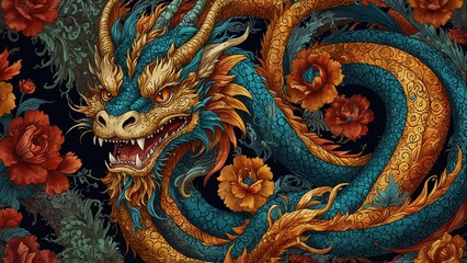 Fototapeta premium Intricate dragon illustration with floral background