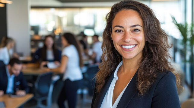 Confident young hispanic female smiling in modern office setting