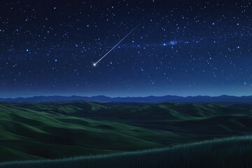 A shooting star streaks across a vast, starlit sky above rolling green hills.
