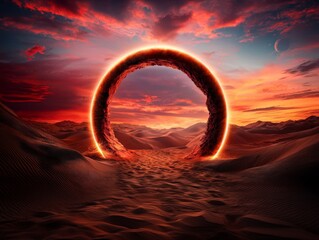 Enigmatic Portal Floating Above an Endless Desert Under a Dramatic Sky at Dusk with Glowing Orange Light and Soft Sand Dunes