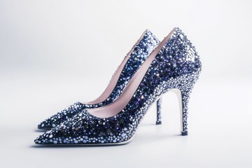 Obraz premium Sparkling dark blue high heels embellished with crystals, perfect for a glamorous occasion.