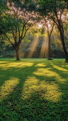 Fototapeta premium Sunlight filter through trees in a green park during early morning hours