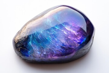 A polished gemstone displaying vibrant blue and purple hues, exhibiting unique internal striations.