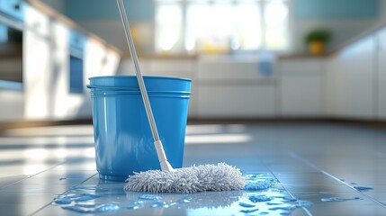 Close-up of a blue mop and bucket on a shiny tiled kitchen floor under bright natural light