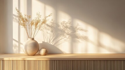 Decorative vases with shadows in a well-lit minimalist interior
