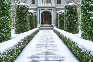 Obraz premium Snow-covered walkway leads to a grand mansion, framed by lush, green hedges.