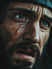 Obraz premium Jesus is crying, close-up of his face. A piercing gaze. Prophet Jesus Christ, prayer, religion Religion concept. Advertising banner.