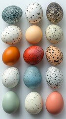 Colorful assortment of decorative eggs arranged creatively on a light background
