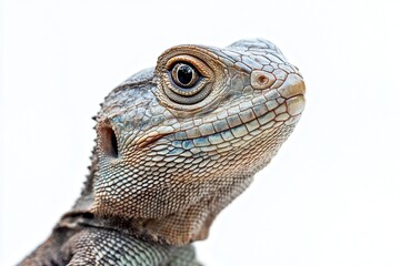 Fototapeta premium A lizard in close proximity, isolated with a white background.