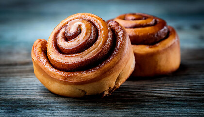 A close-up view of a golden cinnamon roll with glaze, displayed on a wooden background, exuding warmth and inviting an appetizing experience.