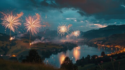 Spectacular Fireworks Over a Serene Lake at Night