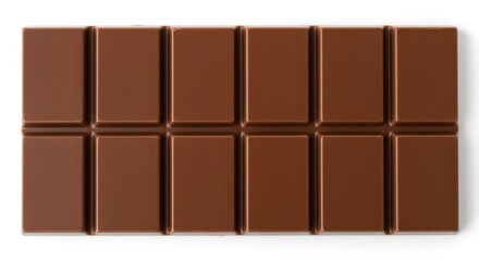 Obraz premium A close-up image of a milk chocolate bar against white background designed with rectangular segments arranged neatly The chocolate features a smooth texture and a glossy surface