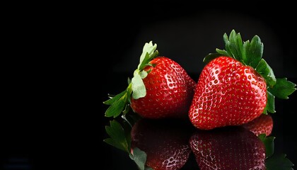Vibrant red strawberries with green leaves reflected against a black background, showcasing their fresh and natural look, ideal for food, nutrition, and healthy lifestyle concepts.