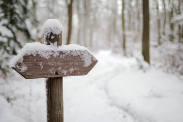 Snow-covered wooden trail marker in a snowy winter forest.
