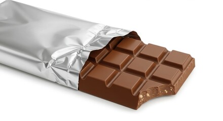 A partially unwrapped milk chocolate bar resting on a clean white background with a bite taken out of one corner and the silver foil is peeled back to reveal the chocolate's square segments