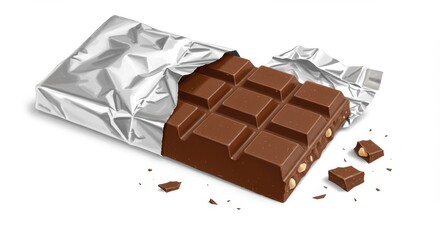 A bitten chocolate bar and the chocolate bar is partially unwrapped with a few chocolate crumbs scattered around it