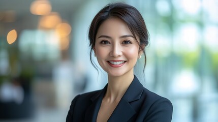 Naklejka premium Confident and Ready: A professional portrait of a successful Asian businesswoman, radiating confidence and determination. Her warm smile and poised demeanor inspire trust and leadership. 