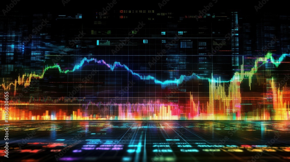 Poster futuristic digital financial graph displayed on a glowing screen. vibrant colors illustrate stock ma