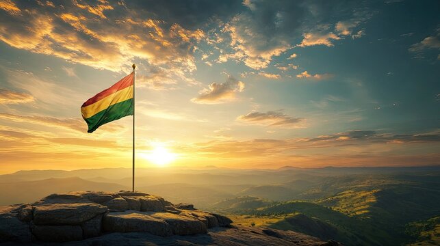A picturesque view of the Kannada flag set against the backdrop of a stunning sunset, creating a dramatic and colorful scene