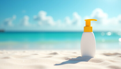 Sunscreen bottle on a beach with turquoise ocean in the background