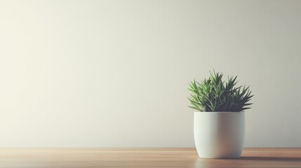 Minimalist Plant in White Pot on Wooden Table Against a Neutral Wall