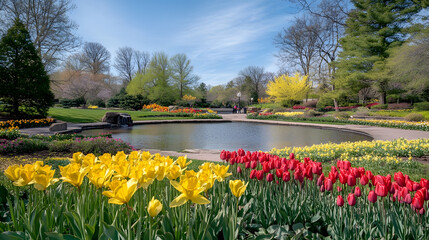 Obraz premium Springtime park with colorful tulips, pond and trees
