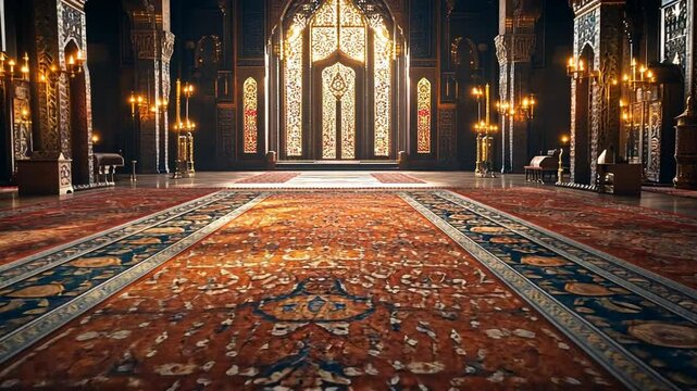 Palace Interior: Grand Hall with Ornate Rug and Stained Glass