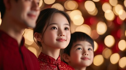 Family celebrating Chinese New Year with red envelopes and traditional dishes.