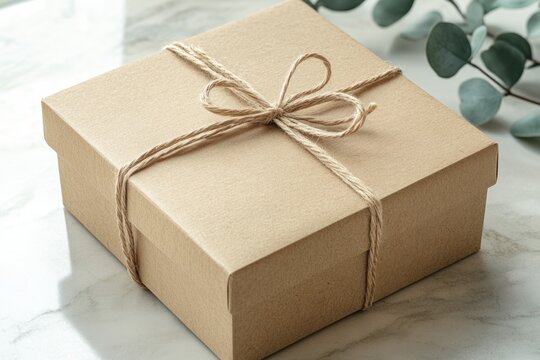 A square brown gift box tied with twine sits on a marble surface, next to eucalyptus branches.