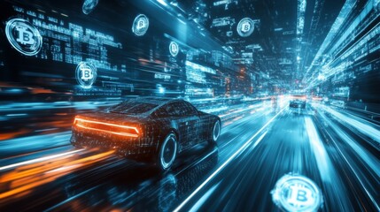 Visualize a digital world where cryptocurrency symbols morph into futuristic vehicles, speeding towards a horizon filled with endless possibilities Incorporate elements of technology