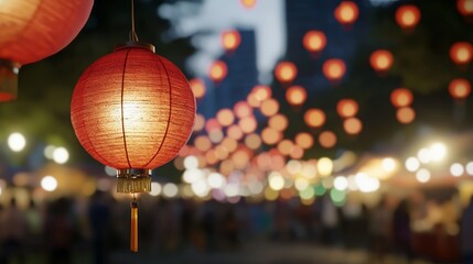 Fototapeta premium Chinese New Year market scene with colorful lanterns, festive food stalls, and vibrant decorations.