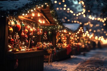A charming Christmas market at night, adorned with twinkling lights and festive ornaments.