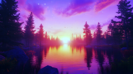 Fototapeta premium A vibrant sunset over a tranquil lake surrounded by trees,sunset over the river