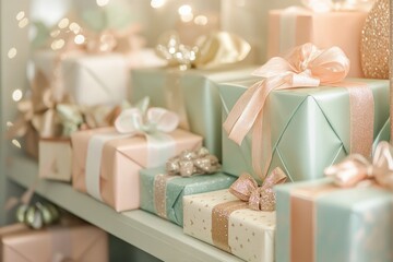 Beautifully wrapped gifts in pastel colors adorned with delicate bows and ribbons, creating a festive atmosphere.