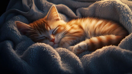 A kitten curled up sleeping on a cozy blanket