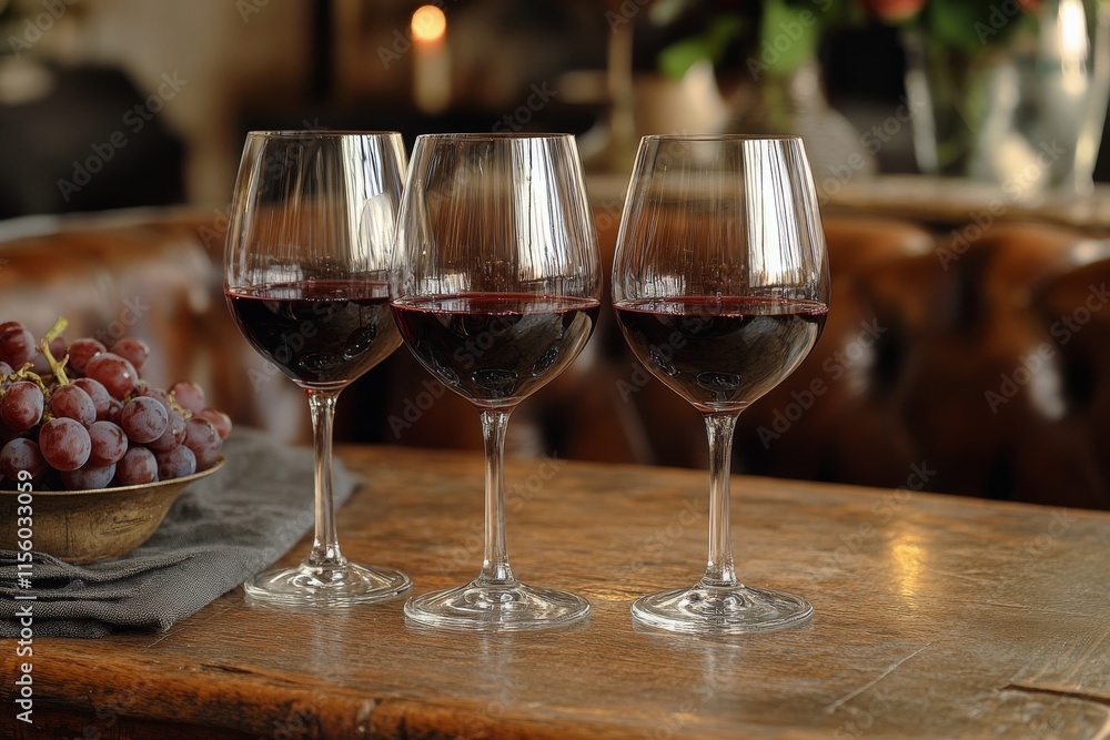 Wall mural Elegant red wine glasses lined up on a wooden table with a warm background